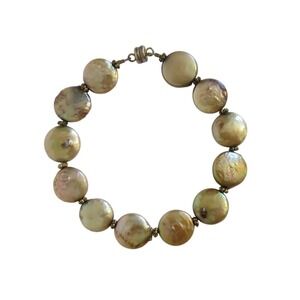 Unique Champagne Coin Pearl Bracelet Magnetic‎ Clasp Gold Tone Accent Beads